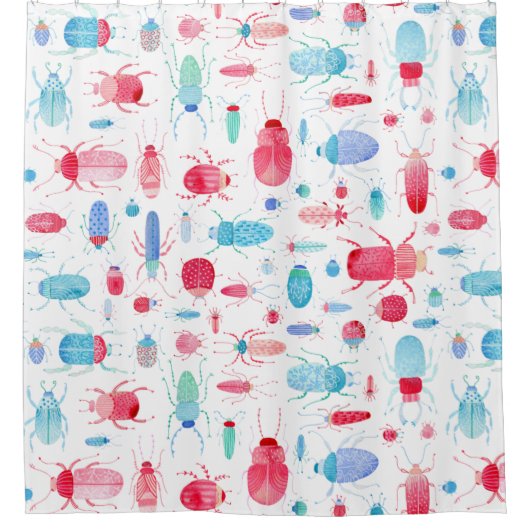 カブトムシとバグおもしろいの水色 シャワーカーテン (正面)