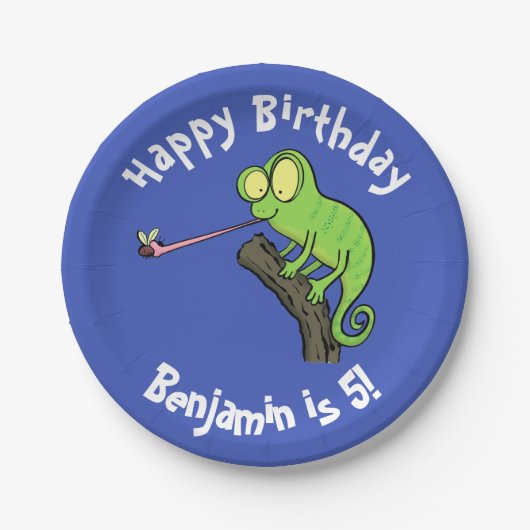 カブトムシ漫画をキャッチかわいいカメレオン ペーパープレート (正面)