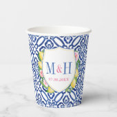 カプリレモン青い白いタイル結婚のクレストシャワー 紙コップ (裏面)