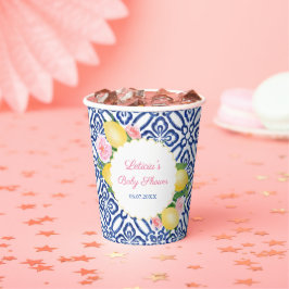 カプリレモン青&白タイル赤ちゃんシャワーパーティー 紙コップ