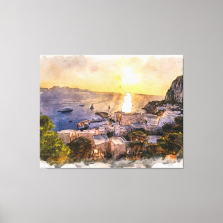 カプリ島のサンセットハーバーとボートの絵画 キャンバスプリント