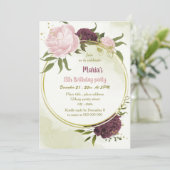 カベルネのピンクの花の緑の葉誕生日 招待状 (スタンド正面)