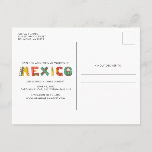 カボサンルーカスメキシコウェディング日付を保存 案内ポストカード (裏面)