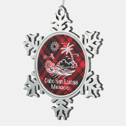 カボサンルーカスメキシコオンレッドタータンチェック スノーフレークピューターオーナメント (右)