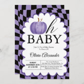 カボチャああベビーパープル市松模様に赤ちゃんシャワー 招待状 (正面/裏面)