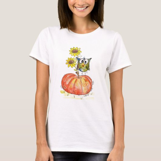 カボチャお洒落のカワイフクロウ Tシャツ (正面)