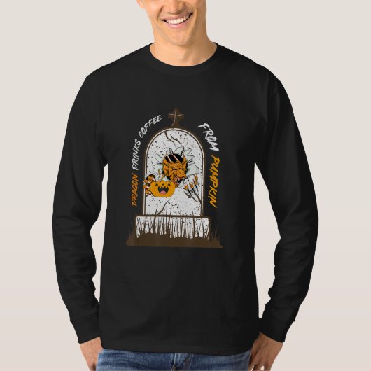 カボチャからドラゴンがコーヒーを飲む Tシャツ (正面)