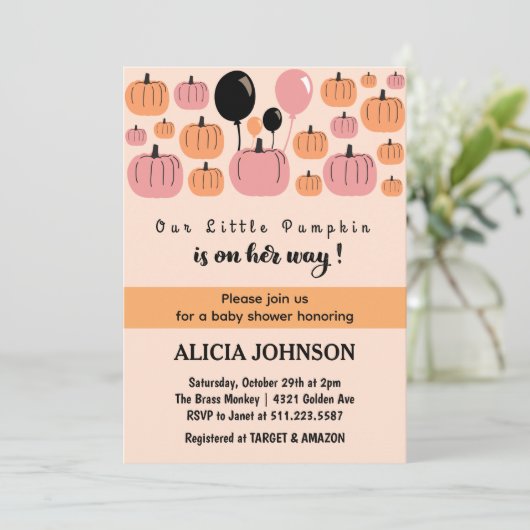 カボチャかわいいハロウィーンの赤ちゃんシャワー 招待状 (スタンド正面)