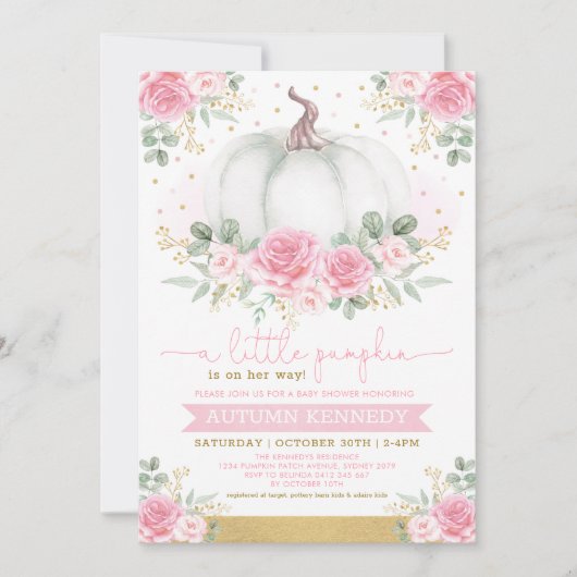 カボチャかわいらしの水色ピンクのフローラ赤ちゃんシャワー 招待状 (正面)