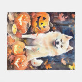 カボチャが怖いハロウィンアメリカ秋田 フリースブランケット (正面(横))