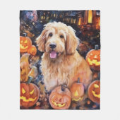 カボチャが怖いハロウィンゴルデンドール フリースブランケット (正面)