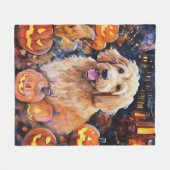 カボチャが怖いハロウィンゴルデンドール フリースブランケット (正面(横))