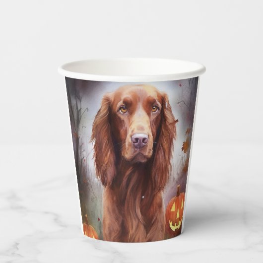 カボチャが怖いハロウィーンアイリッシュレッドセッター 紙コップ (裏面)