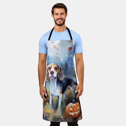 カボチャが怖いハロウィーンベーグル エプロン (着用した状態)