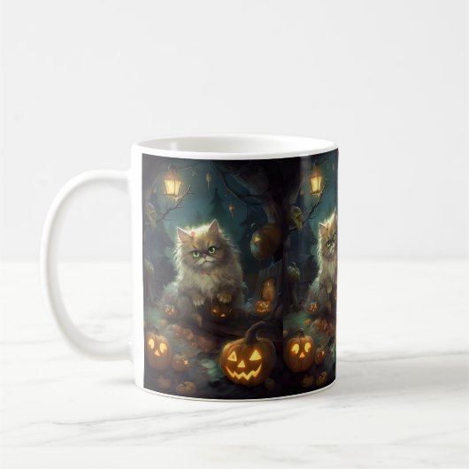 カボチャが怖いハロウィーンペルシャ猫 コーヒーマグカップ (左)