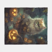 カボチャが怖いハロウィーンペルシャ猫 フリースブランケット (正面(横))