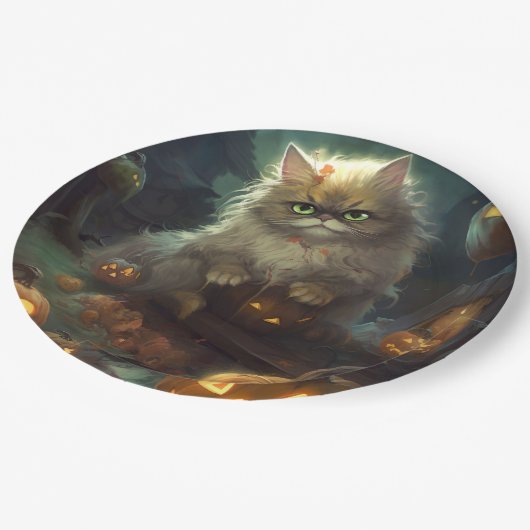 カボチャが怖いハロウィーンペルシャ猫 ペーパープレート (アングル)