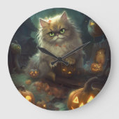 カボチャが怖いハロウィーンペルシャ猫 ラージ壁時計 (正面)