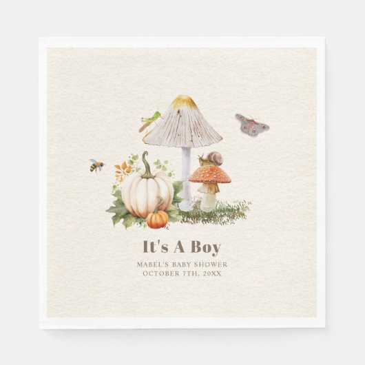 カボチャきのこウッドランド虫ボーイベビーシャワー スタンダードランチョンナプキン (正面)