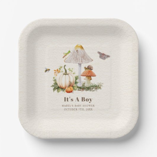 カボチャきのこウッドランド虫ボーイベビーシャワー ペーパープレート (正面)