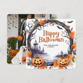 カボチャこうもり水彩ハッピーハローウィンカード シーズンカード (正面/裏面)