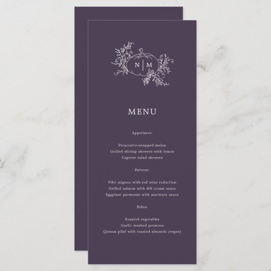 カボチャつる植物ダークプラムパープルモノグラム結婚ズ メニュー (正面/裏面)