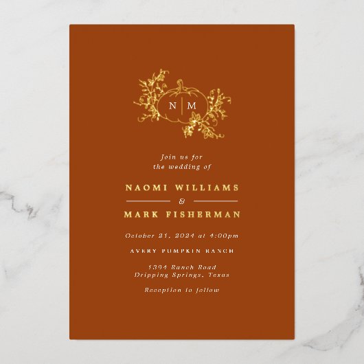 カボチャつる植物モノグラム結婚ズフォイル招待状 箔招待状 (正面)