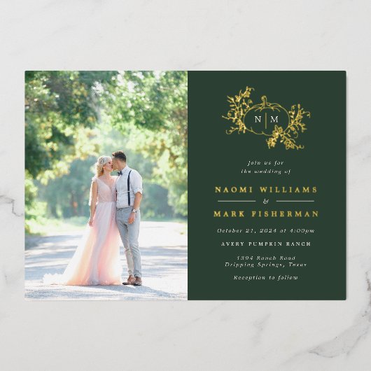 カボチャつる植物モノグラム結婚ズフォイル招待状 箔招待状 (正面)