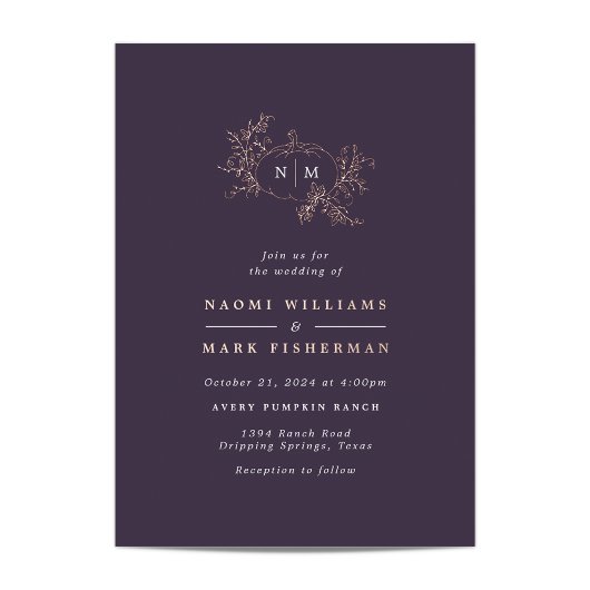 カボチャつる植物モノグラム結婚ズフォイル招待状 箔招待状