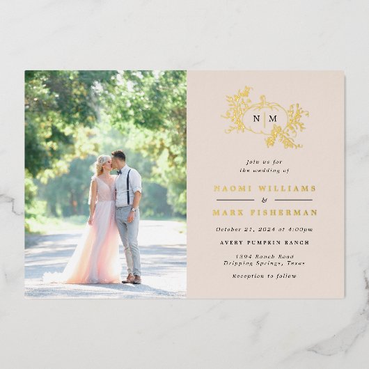 カボチャつる植物モノグラム結婚ズフォイル招待状 箔招待状 (正面)