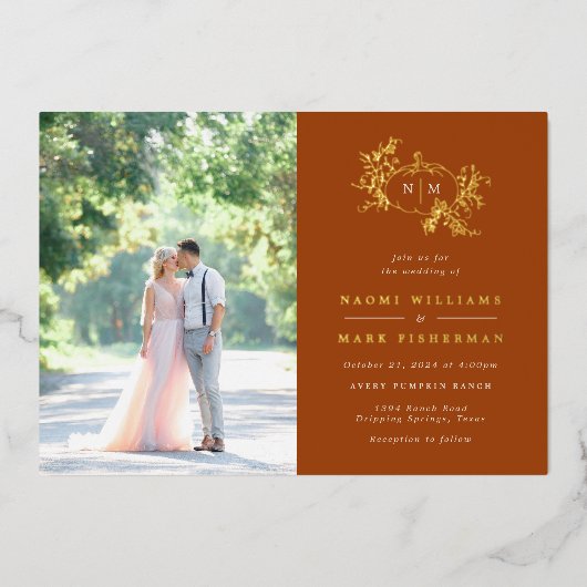 カボチャつる植物モノグラム結婚ズフォイル招待状 箔招待状 (正面)