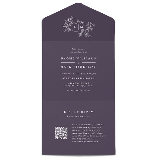 カボチャつる植物結婚ズRSVP付きモノグラム オールインワン招待状