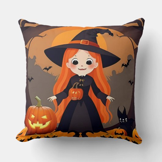 カボチャでハロウィーンの可愛らしい魔女 クッション (正面)