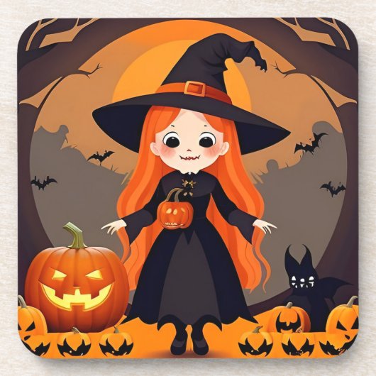 カボチャでハロウィーンの可愛らしい魔女 コースター (正面)