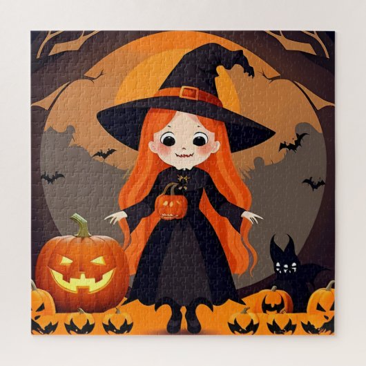 カボチャでハロウィーンの可愛らしい魔女 ジグソーパズル (縦)