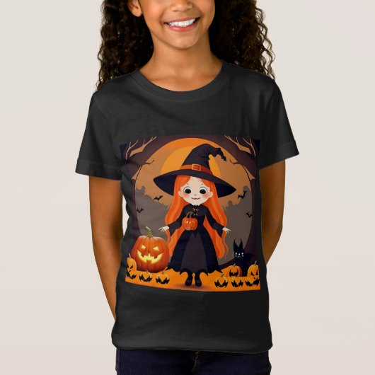 カボチャでハロウィーンの可愛らしい魔女 Tシャツ (正面)