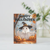 カボチャとこうもりの可愛いハロウィーン幽霊 ポストカード (スタンド正面)