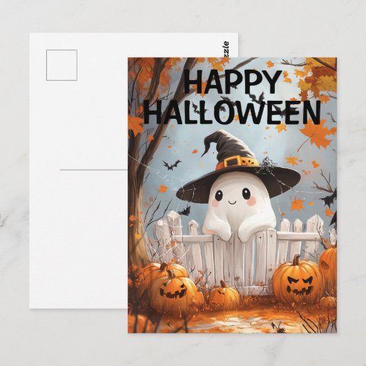カボチャとこうもりの可愛いハロウィーン幽霊 ポストカード (正面/裏面)