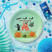 カボチャとこうもりを使った不気味な緑の手 ペーパープレート (パーティー)