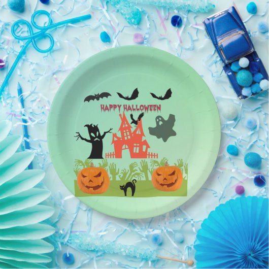カボチャとこうもりを使った不気味な緑の手 ペーパープレート (パーティー)