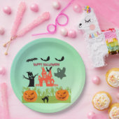 カボチャとこうもりを使った不気味な緑の手 ペーパープレート (パーティー)