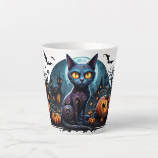 カボチャとこうもりを背景にハロウィーン猫 カフェラテマグ