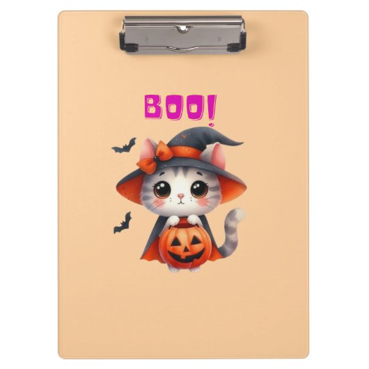 カボチャとウィッチハットデコのかわいいハロウィーン猫 クリップボード (正面)