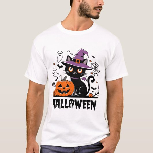 カボチャとウィッチー猫 – ハロウィーンおもしろい Tシャツ (正面)