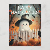 カボチャとカラスの可愛いハロウィン幽霊 ポストカード (正面)