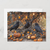 カボチャとキャンドルを持つレイヴン・ハロウィーン シーズンポストカード (正面/裏面)