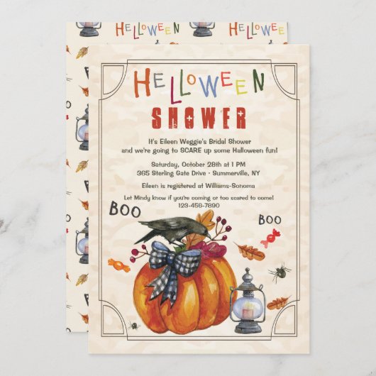 カボチャとクロウハロウィーンシャワー招待状 招待状 (正面/裏面)