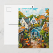 カボチャとコテージの秋の村の絵画 ポストカード (正面/裏面)