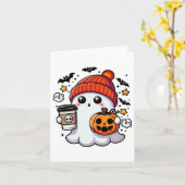 カボチャとコーヒーが入ったかわいいハロウィーン幽霊 カード (黄色い花)