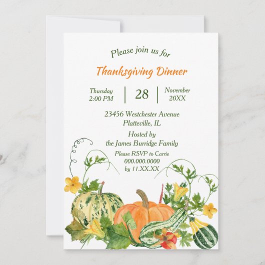 カボチャとスカッシュの恵みの感謝祭ディナー 招待状 (正面)